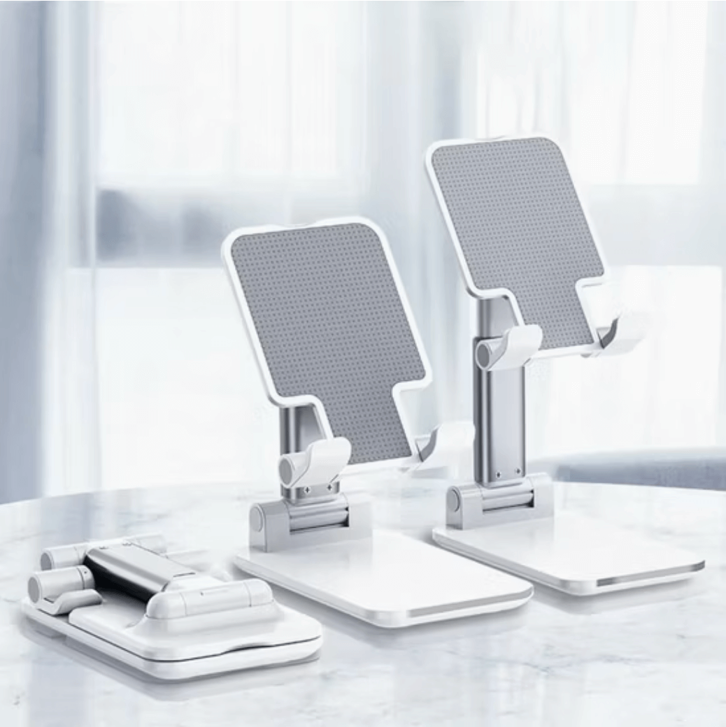 Foldable Phone Holder Stand for Office Desk displayed in a modern workspace with adjustable features.