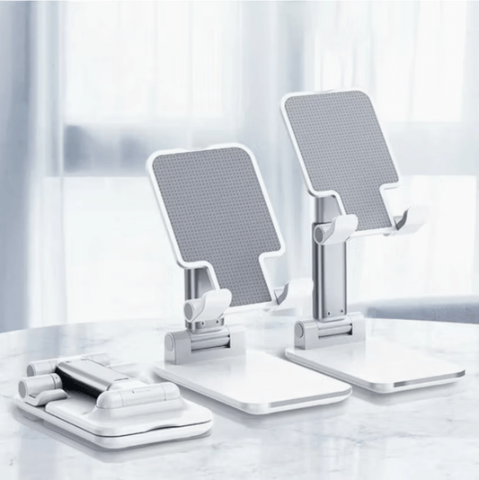 Foldable Phone Holder Stand for Office Desk displayed in a modern workspace with adjustable features.