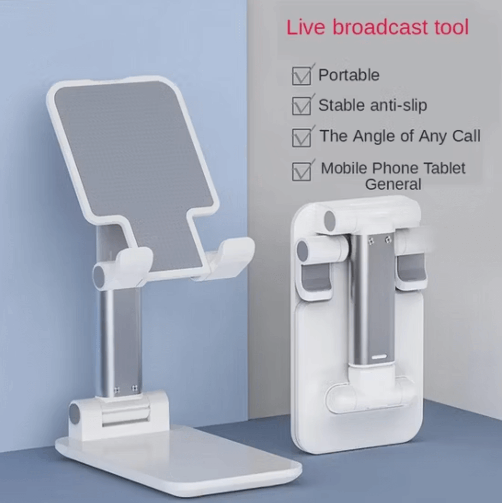 Foldable Phone Holder Stand for Office Desk shown in two adjustable positions for convenience and stability.